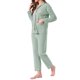 thumbnail image 4 of Conjunto de lounge para mujeres INSPIRE CHIC de algodón, con botones, manga larga, pantalones, patrón acanalado y bolsillo, pijama, loungewear, XL, verde, 4 of 6
