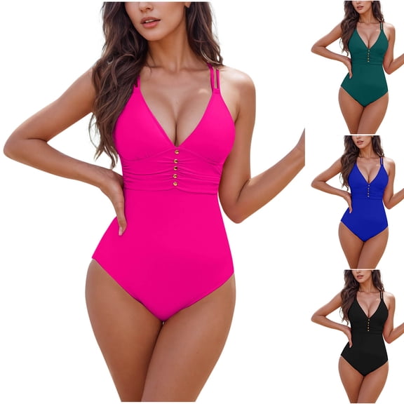QIUOMBBP Women Tummy Control Bathing Suit One Piece Swimsuits with Built in Padded V Neck Crisscross Back Swimwear Blue XL