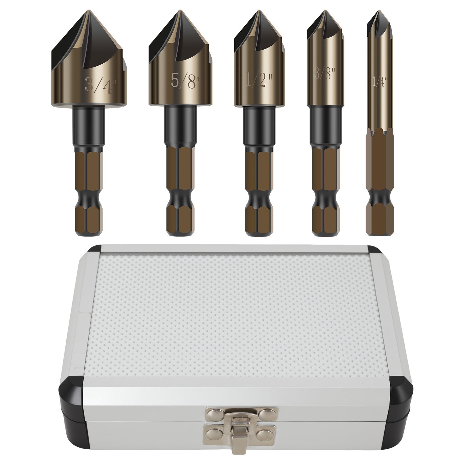 5x HSS Countersink Drill Bits 5 Flute 82° 1/4,3/8,1/2,5/8,3/4 for Wood Metal 5x HSS Countersink Drill Bits 5 Flute 82° 1/4,3/8,1/2,5/8,3/4 for Wood Metal