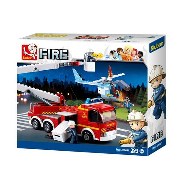 Sluban 627  Fire Truck w/ Cherry Picker Arm + Helicopter Building Brick Kit (394 Pcs)