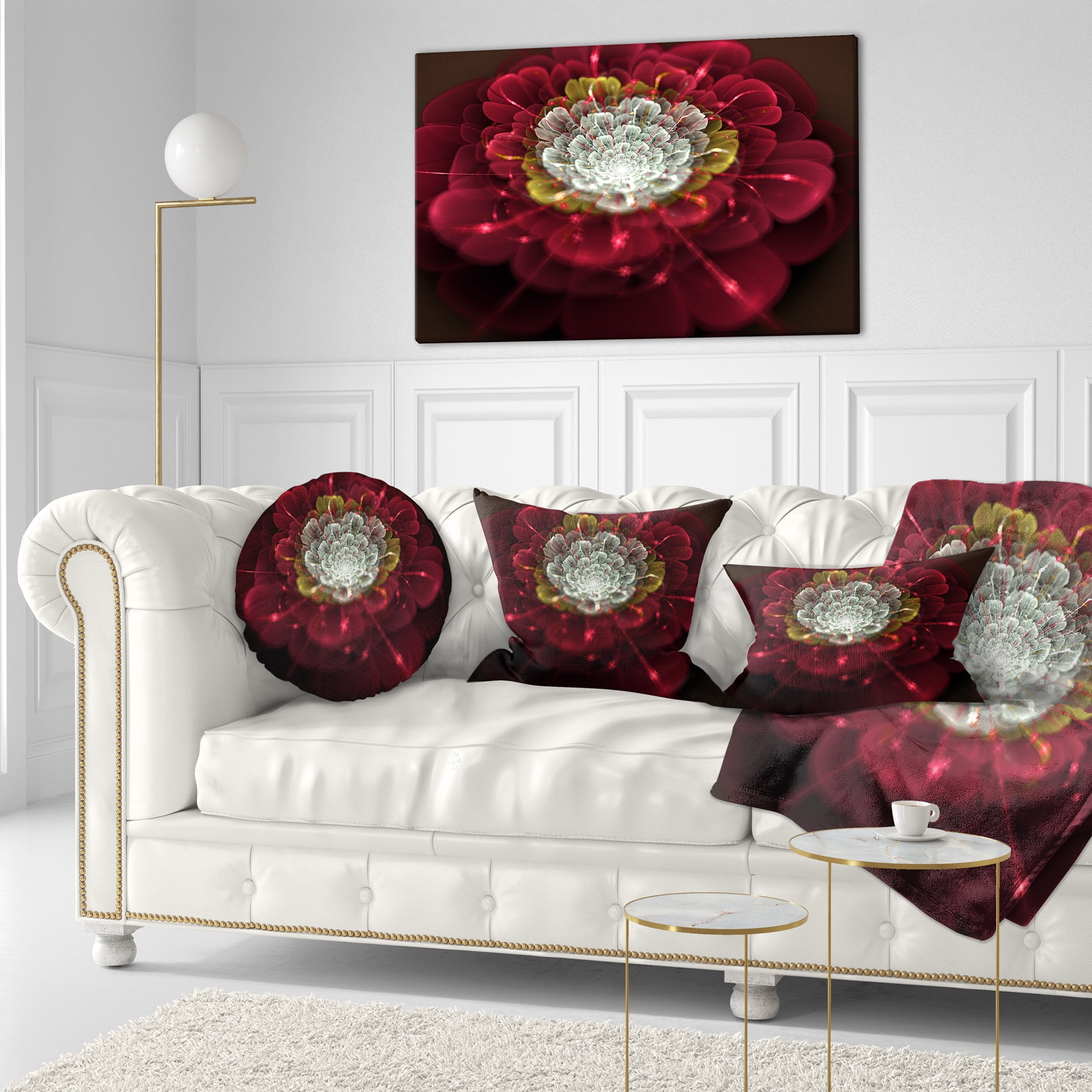 Designart Red Fractal Flower with White - Floral Throw Pillow - 12x20