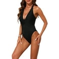 thumbnail image 4 of INSPIRE CHIC Women's Metal Buckle Cut Out Halter Ribbed Monokini Swimsuit, 1 Piece Deep V Push Up Tummy Control Bathing Suit Black X-Large, 4 of 5