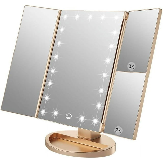 Lighted Makeup Mirror Trifold Vanity Mirror with X/X/X Magnification Natural LED Nights and Touch Screen Batteries and USB Power Supply Adjustable Tabletop Cosmetic Mirror (