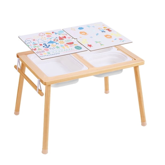 Toddler Sensory Activity Table - Wooden Play Table with 3 Foldable Storage Bins & Paper Roll Holder, Indoor/Outdoor Sand Water Table, Montessori Drawing Table, Perfect Gift for Boys & Girls