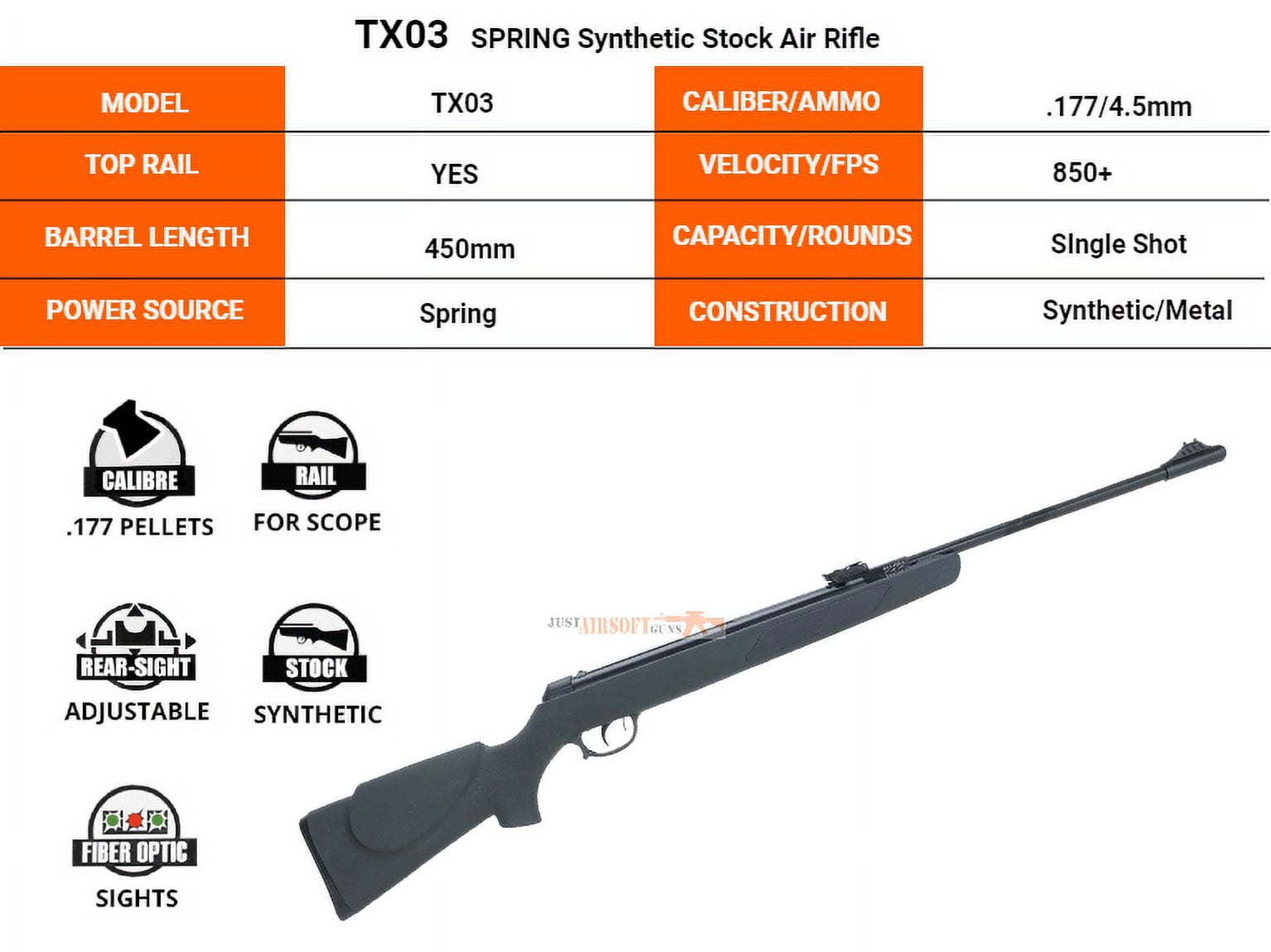 Trimex Arms Air Rifle .177 Cal Pellet Spring Power 450mm Break Barrel 850 Fps 200 RDS 4.5mm Pellet