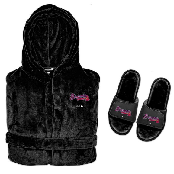 Men's ISlide Black Atlanta Braves Hooded Phantom Robe & Fur Slide Bundle