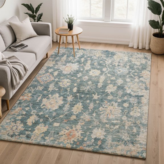 Addison Rugs Mayfield Premium Machine Washable Transitional Damask Teal Rectangle Rug, 10' x 14'