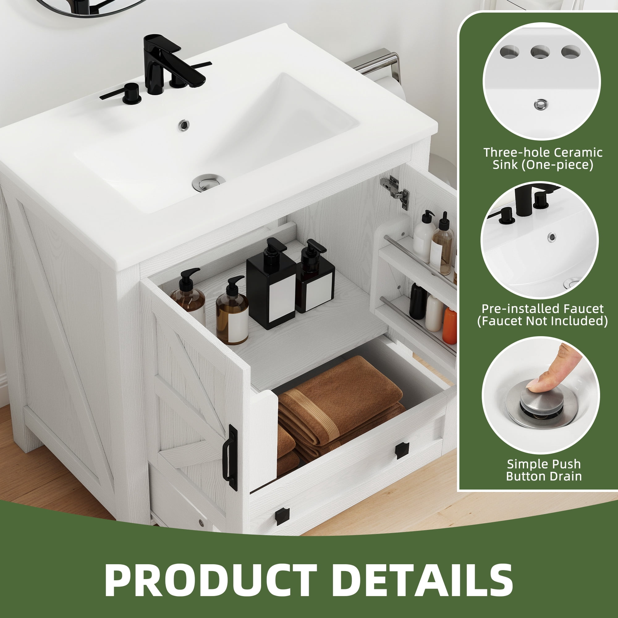 Uforic 30" Bathroom vanity with Sink Top, Farmhouse Bathroom Storage Cabinet with Drawers, White