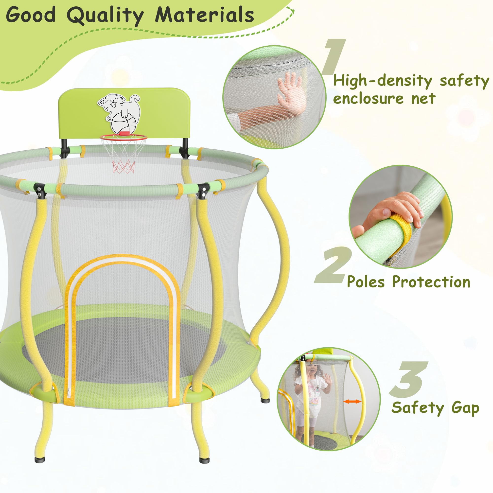 Leuco 48" Kids Trampoline, Toddler Trampoline with Safety Enclosure, Mini Trampoline with Basketball Frame and No Gap Design, Indoor/Outdoor Gift for 1-8 Year Olds