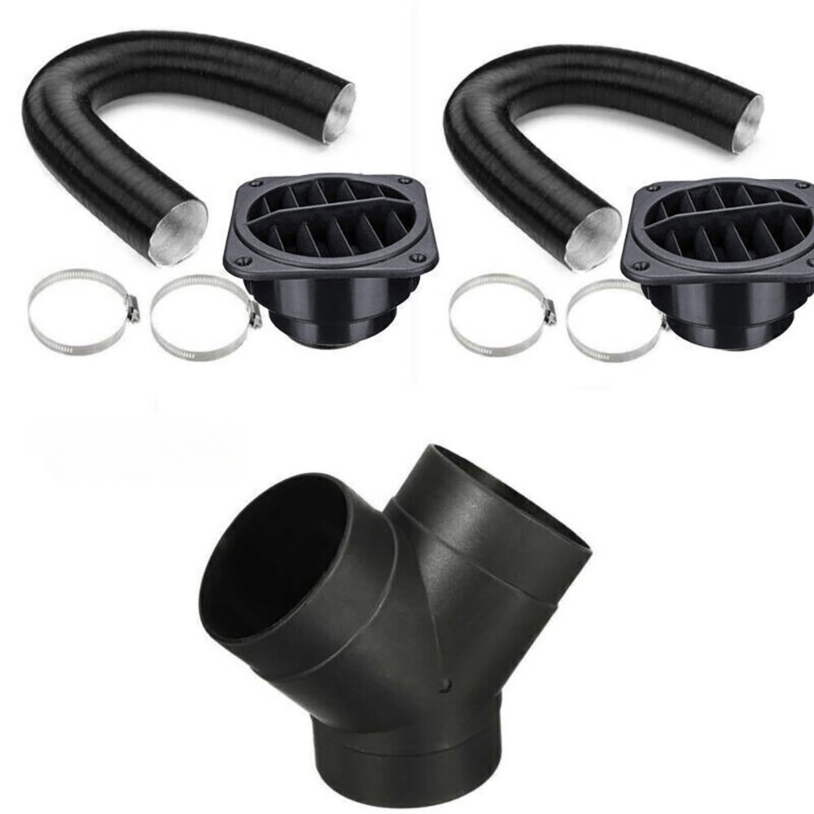 75mm Diesel Parking Heater Warm Air Vent Kit with 2 Flexible Duct Hoses 1 Y Shape Connector 2 Square Air Outlets and 4 Clamps