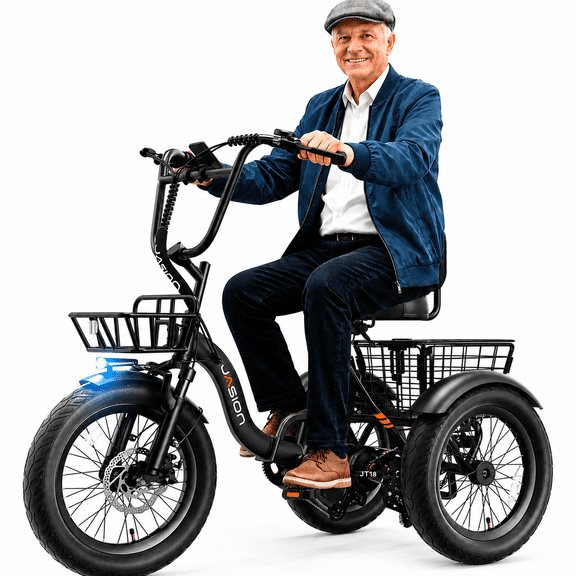 Jasion JT18 Electric Tricycle for Adults Fat Tires, 500W Step-Thru 3 Wheel Electric Bicycle with Front & Rear Baskets, Folding E-Trike Up to 55 Miles,16 MPH, Black
