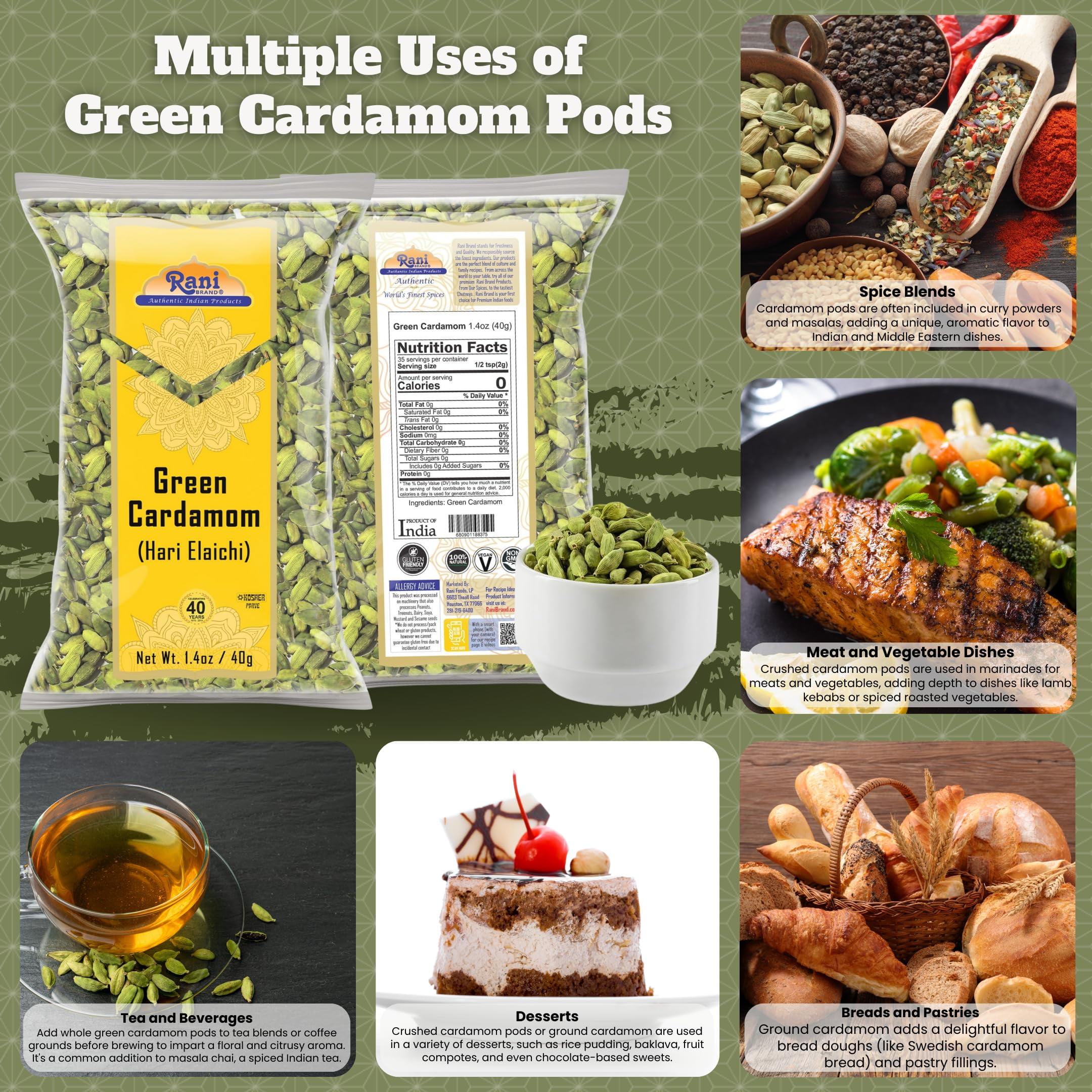 Desi Kitchen Pure Green Cardamom Powder (Hari Elaichi) - 7oz/198g, All Natural, Salt-Free, Non-GMO, Product Of Guatemala