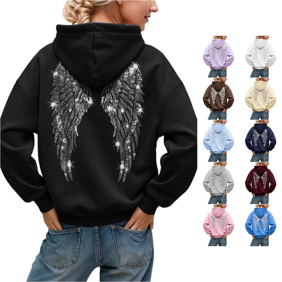 WAYUTE Hoodies for Women Oversized Long Sleeve Drop Shoulder Hooded Sweatshirt with Sparkly Rhinestone Wings Print Pullover Fashion Outfits Casual Outdoor,Black,5XL