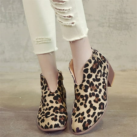 

Midewhik Womens Shoes Plus Size Medium Chunky Heel Womens Fashion Shoes Leopard Print Suede Ankle Boots