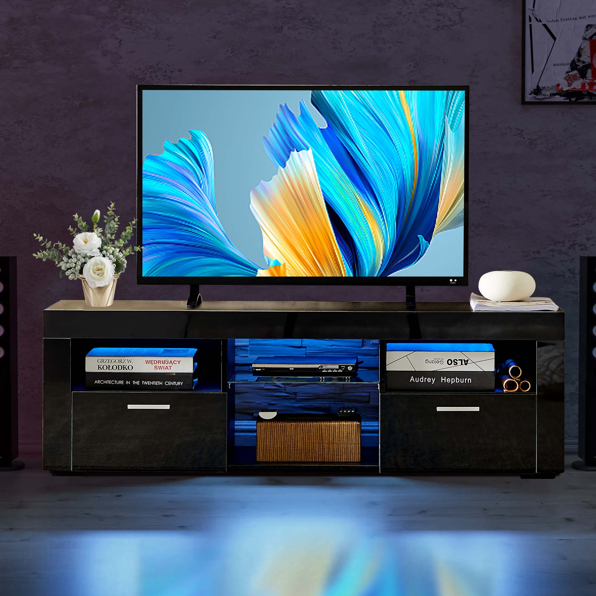 Aukfa Modern LED TV Stand for 55 inch TV, High Gloss TV Cabinet for Living Room - Black