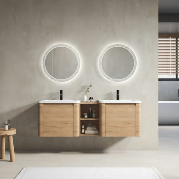 AVAXA 60'' Wall-Mounted Bathroom Vanity with White Ceramic Sink and Storage Shelves & 2-Soft-Close Door, KD-Packing, Plywood, Imitative Oak