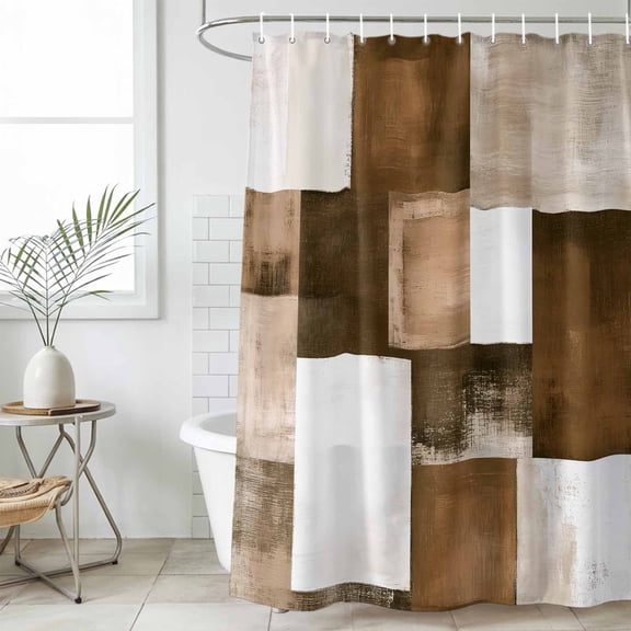Brown Geometric Waterproof Fabric Shower Curtain,Vintage Oil Painting Contemporary Waterproof Fabric Shower Curtain for Bathroom Curtains Bathtubs Hotel Shower Curtains with 12 Hooks Extra Long 72x96