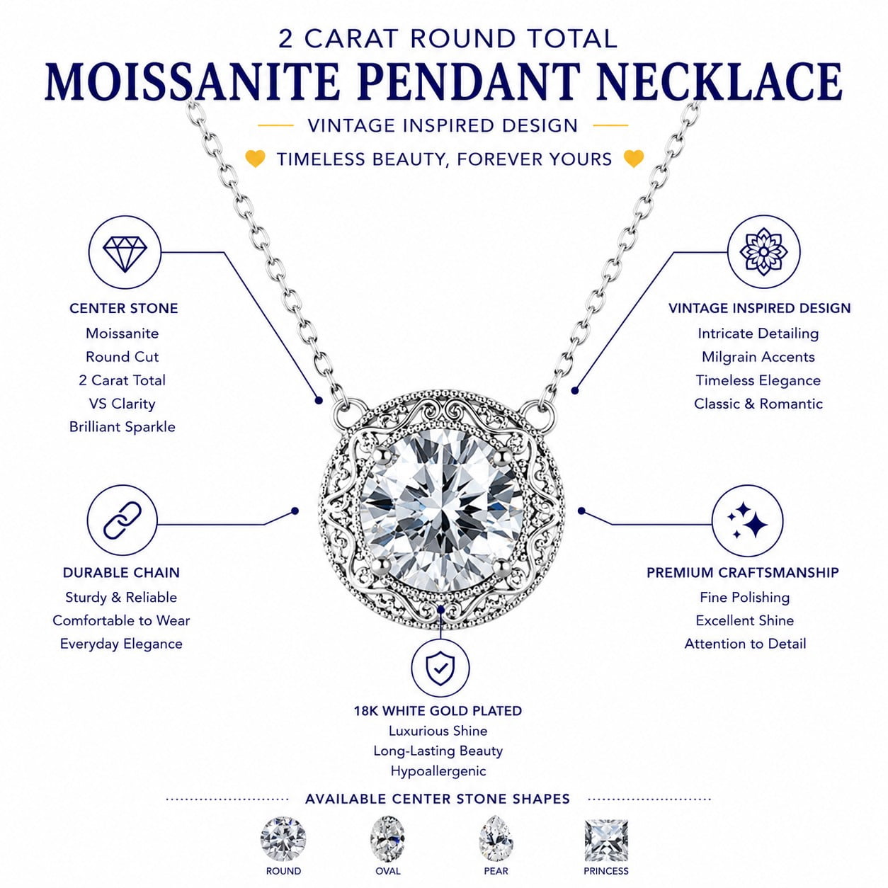 JeenMata 2 Carat Classic Oval Filigree Moissanite Pendant Necklaces - in 18K White Gold Plating Jewelry Necklace for Women
