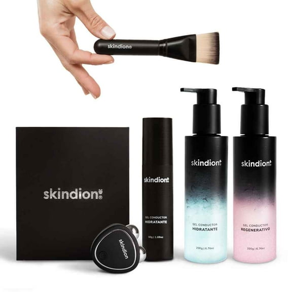 Skindion Beauty Kit: Tonificante y Rejuvenecedor Facial | Dispositivo de Rejuvenecimiento Facial + Gel Hidratante 50g y 200g + Gel Regenerativo 200g + Care Kit (Brocha de Aplicación)