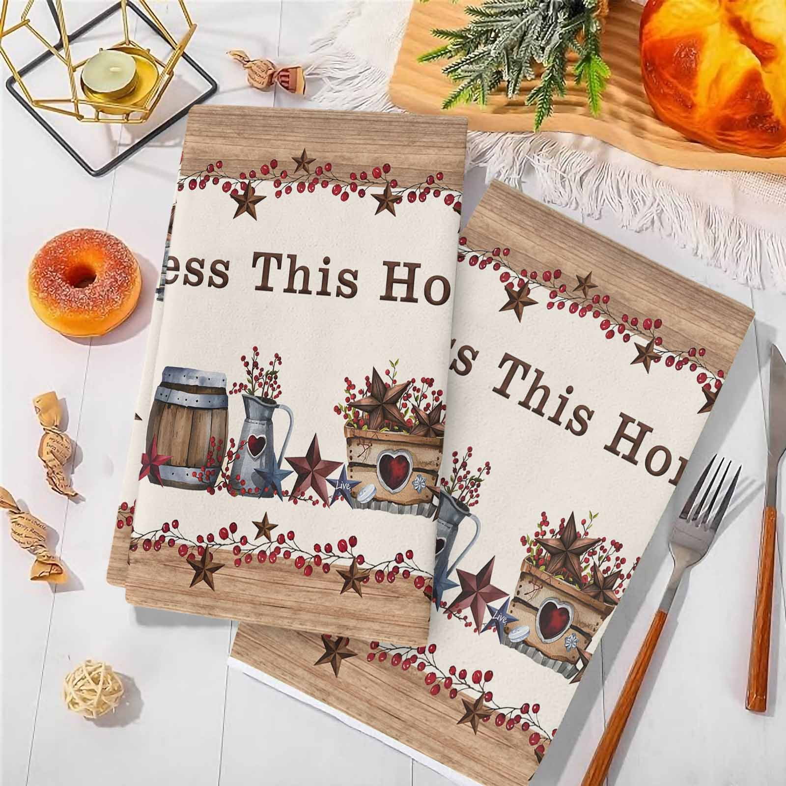 Dish Towels, Western Texas Star Wood Absorbent Kitchen Towels 2 PCS, Red Berry Farmhouse Barn Microfiber Hand Towels Dish Cloths Tea Towels for Home&nbsp;Bathroom Cleaning Drying,18X28-Inch,