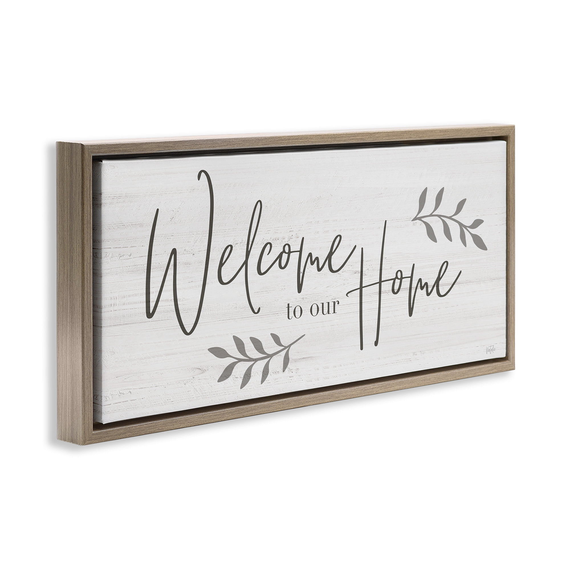 Stupell Industries Welcome To Our Home Country Sign Botanical & Floral Painting Brown Floater Framed Canvas Art Print Wall Art, 25 x 11