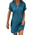 thumbnail image 2 of NXMZXB Summer Dresses for Women 2025 Casual Button V Neck Roll up Short Sleeve Tunics Beach Sundress Trendy A Line Ribbed Mini Work T Shirt Dress Blue XL, 2 of 10