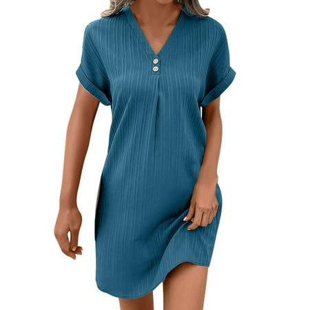SAFUNY Women s V Neck Short Sleeve Button Placket Pocketed Tunic Dress Pullover Breathable Work Daily Casual Dress Blue S