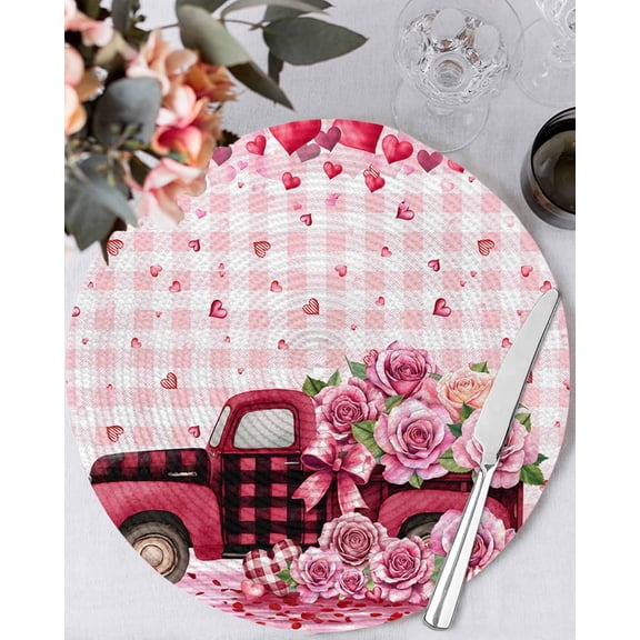 15 Inch Round Placemats Set of 6, Valentine's Day Non Slip Heat Insulation PP Table Mats, Pink Romantic Truck Love Roses Red Plaid Washable Place Mats for Kitchen Dining Party Table Decor