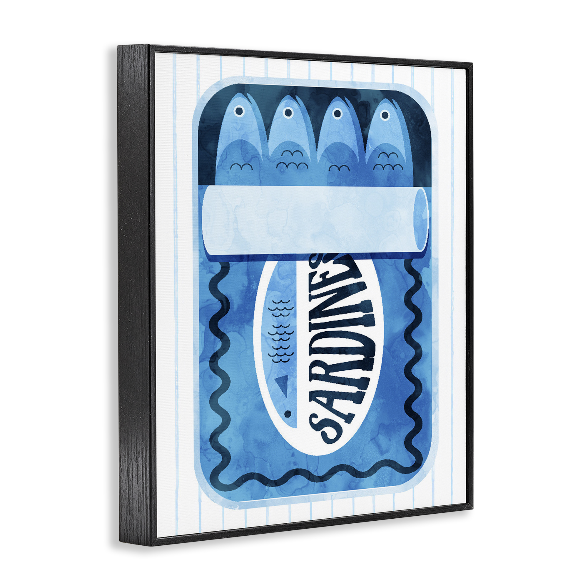 Blue Sardine Tin Over Stripes Black Framed Giclee Art, design by Daphne Polselli