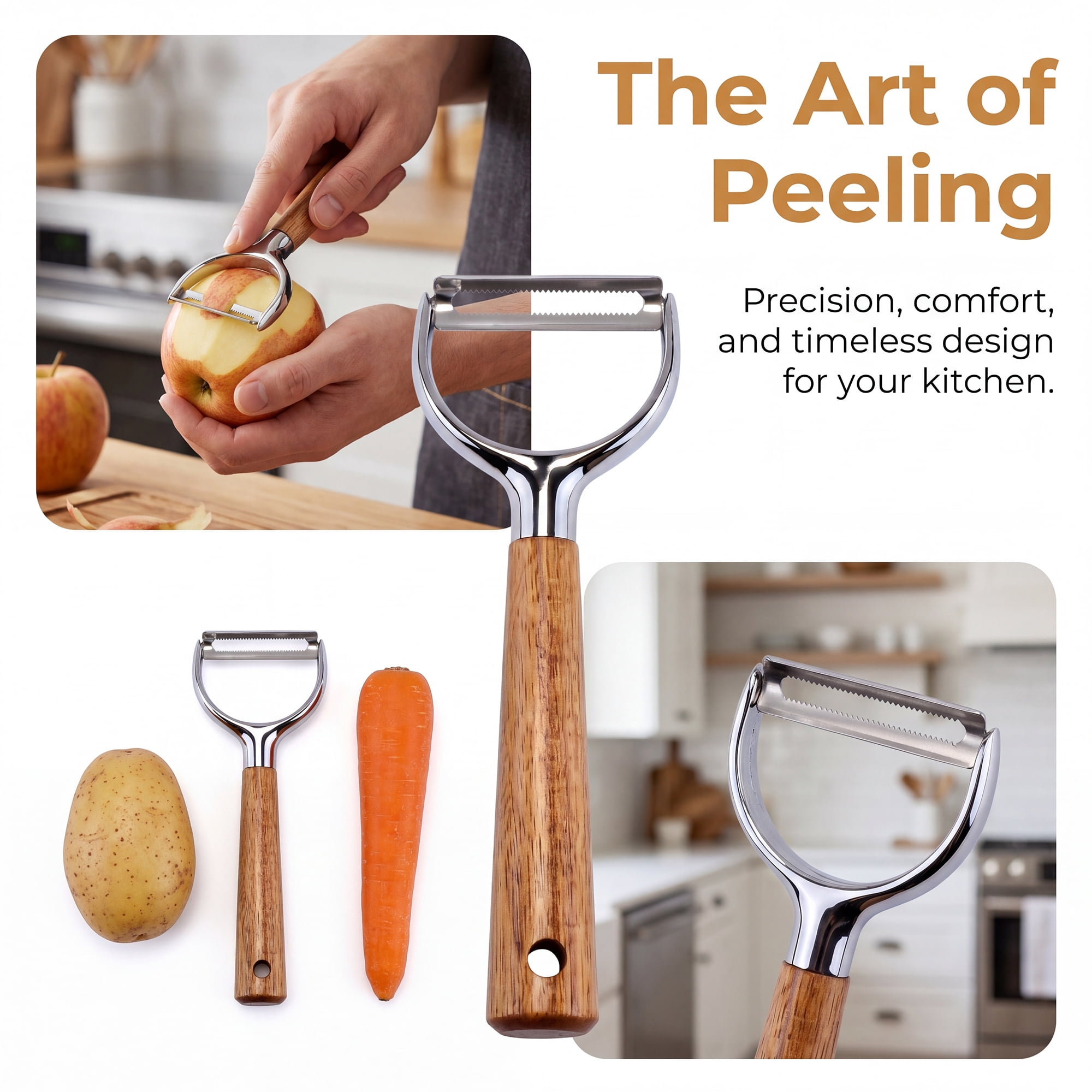 Unique Bargains Wood Durable Potato Peeler with Ergonomic Handle Brown-Straight