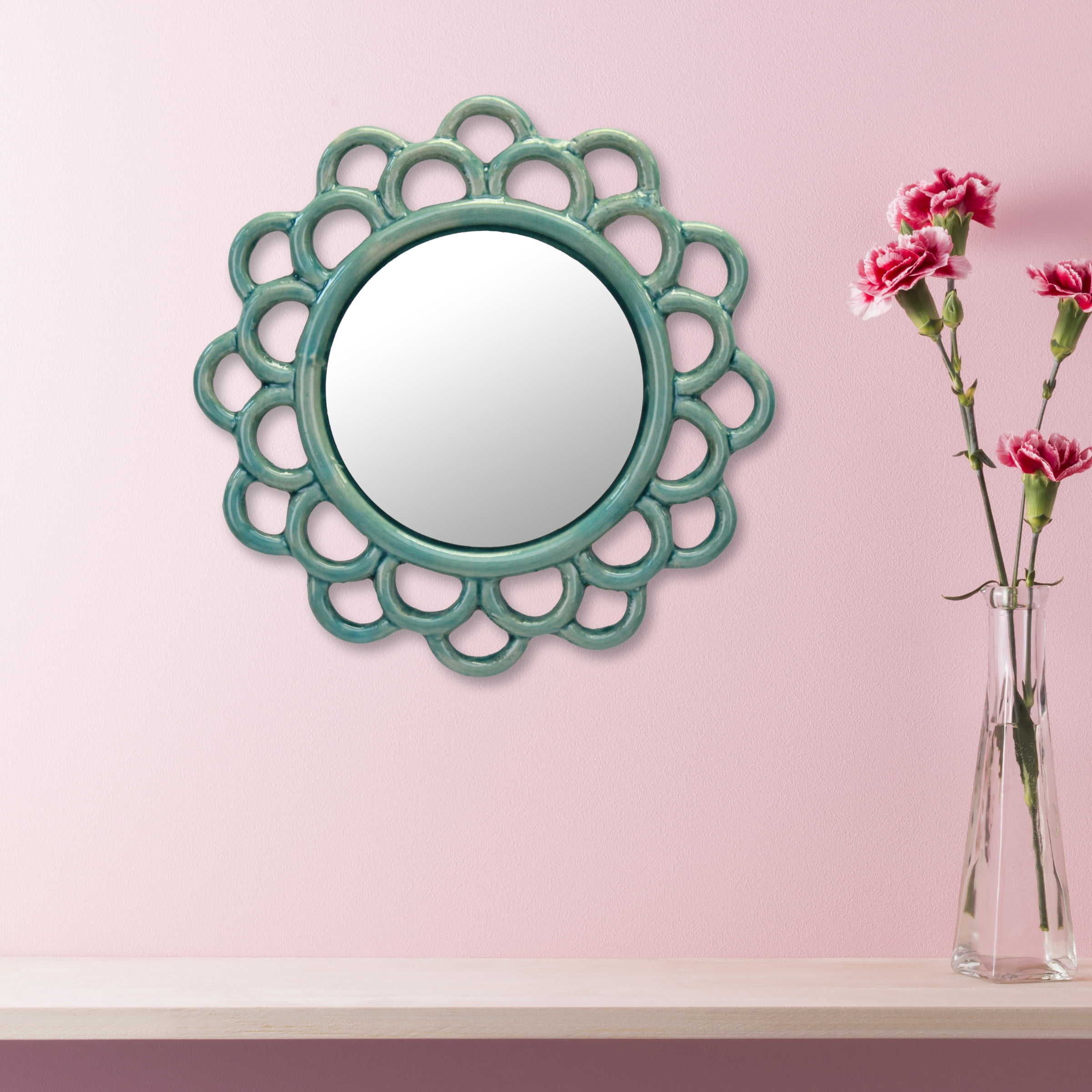 Stonebriar 9" Circle Ceramic Cutout Hanging Wall Mirror, Turquoise