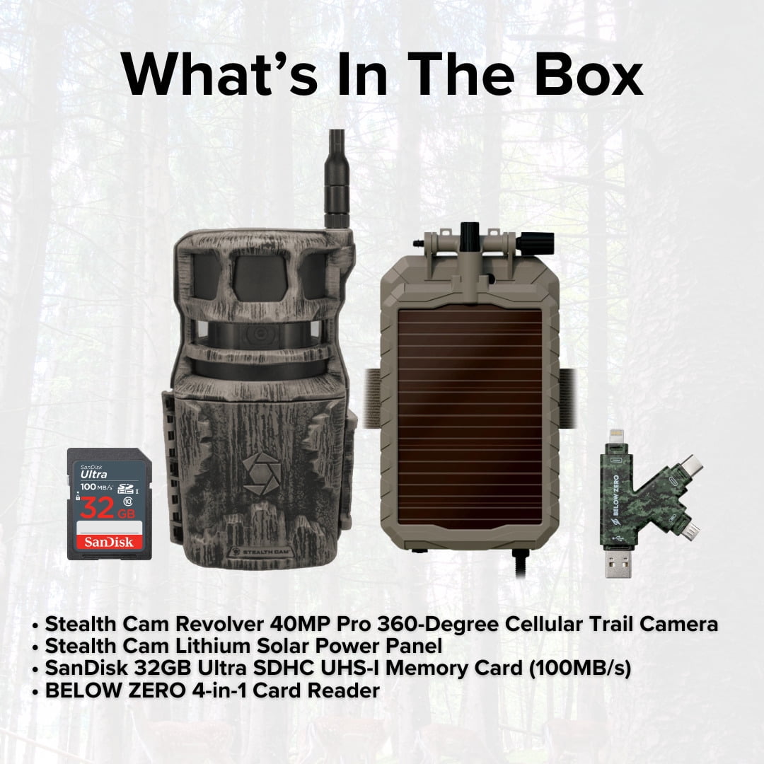 Stealth Cam Revolver 40MP Pro 360 Degree Cellular Trail Camera Bundle with Lithium Solar Power Panel, 32GB Ultra SDHC UHS-I Memory Card, and Hi-Speed SD USB 2.0 Card Reader (4 Items)
