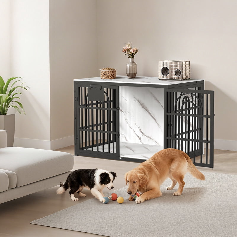 Dog Crate Furniture with Cushion, Wooden Dog Kennel End Table with Double Doors, Heavy Duty Indoor Dog House for Small Medium Large Dogs, Marble pattern, 32in