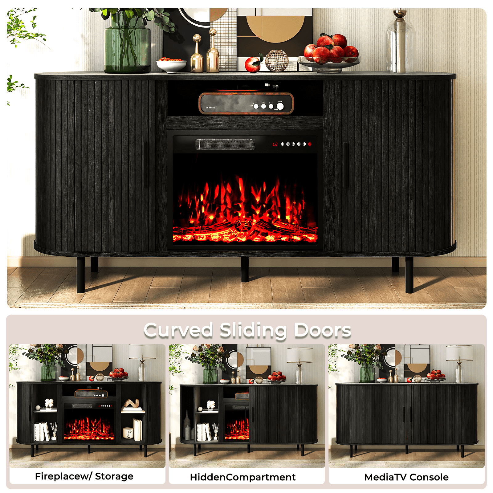 Flictozena 65’’ Modern Fluted TV Stand for TVs Up to 75’’ with 23’’ Electric Fireplace - Wooden Entertainment Center, Curved Design, Sliding Doors & Storage Shelf, Natural Oak
