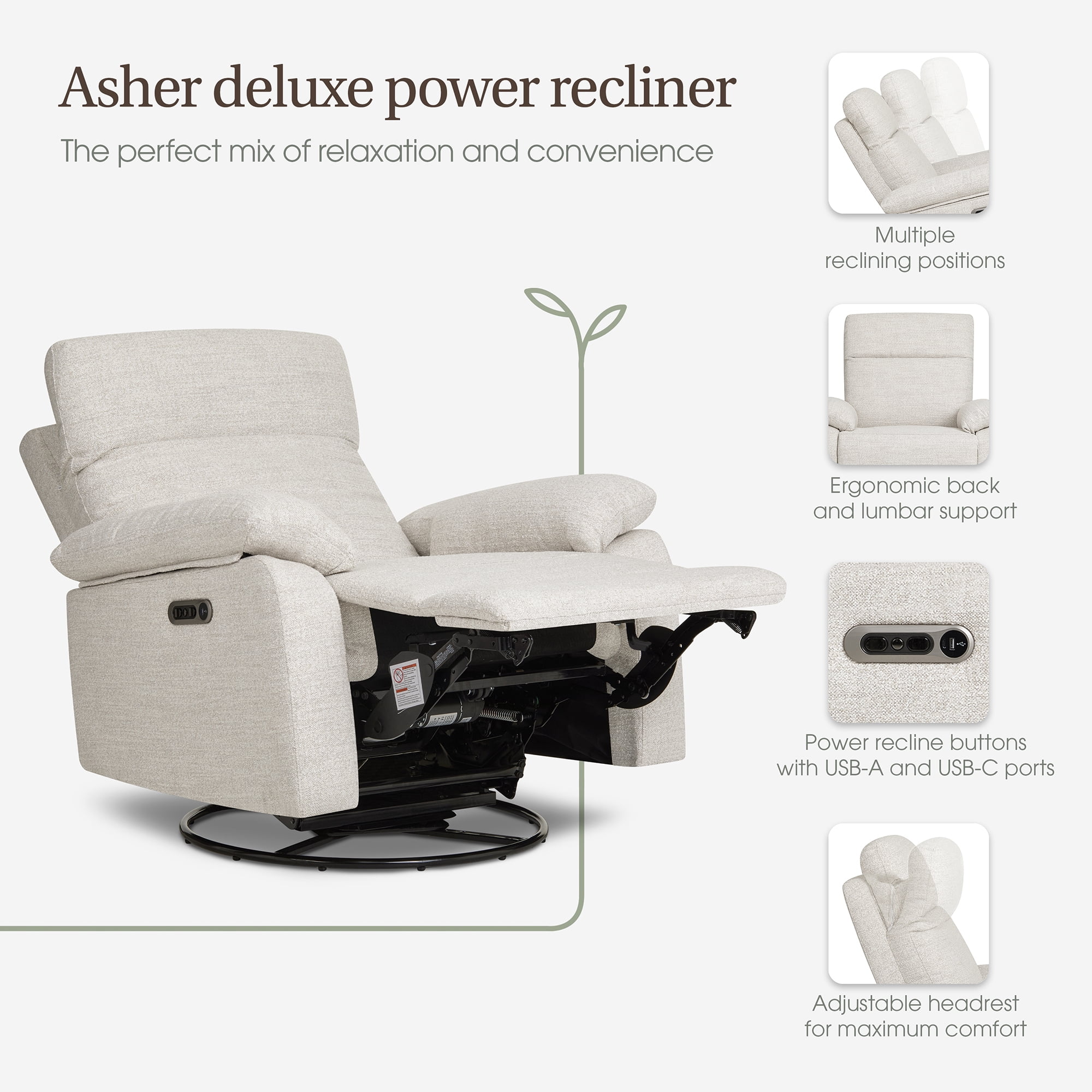 Evolur Asher Deluxe Power Recline Glider, Extra-Wide Nursery Recliner Chair with Adjustable Power Headrest, 275° Swivel, USB-A & USB-C Charging Ports, Ergonomic Lumbar Support, FSC Certified, Oatmeal