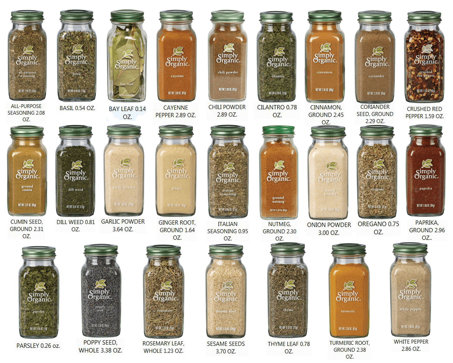 Simply Organic Herbs, Spices & Seasonings Set - Variety of 25 Most