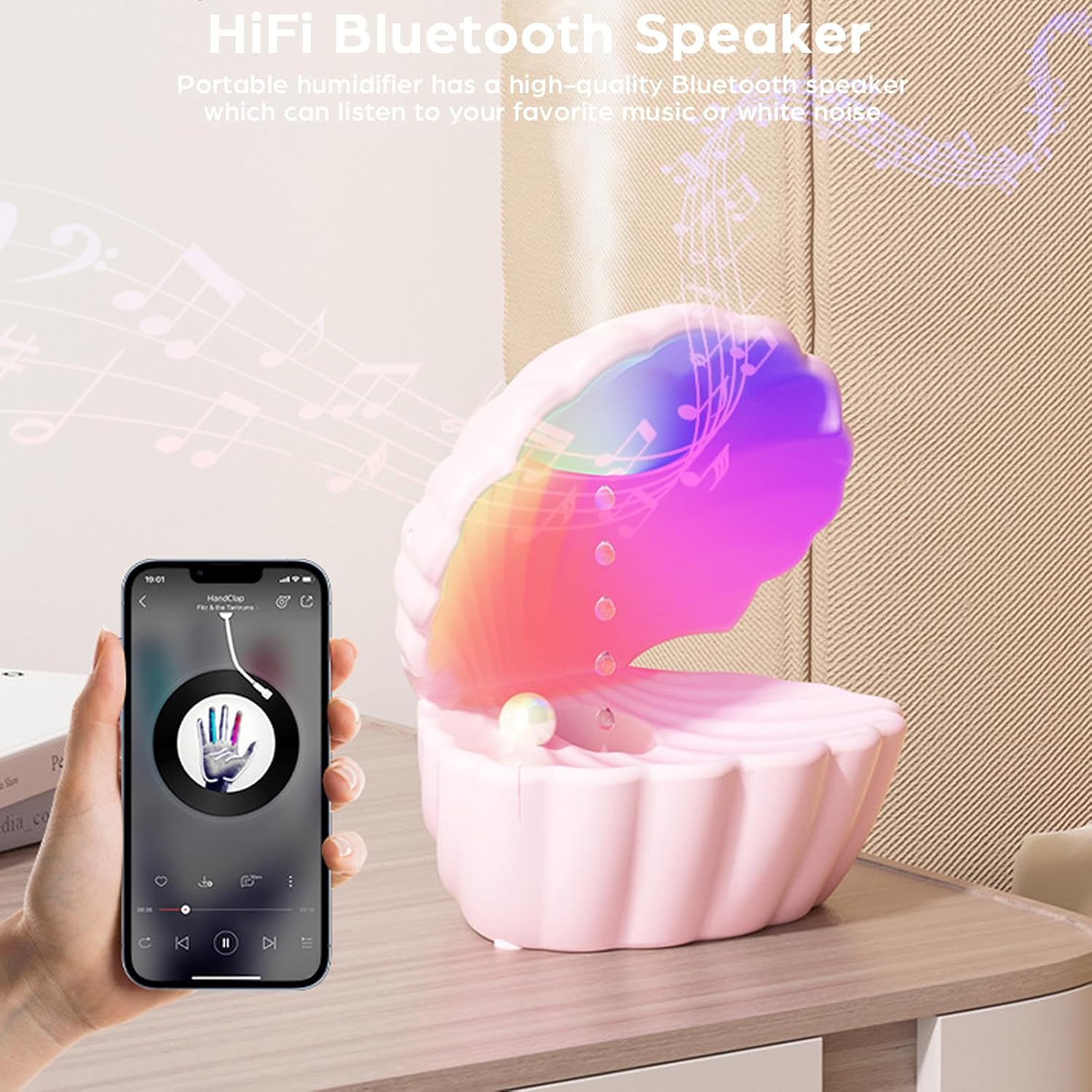 Anti Gravity Humidifier Water Drop Bluetooth Speaker Pearly Shell-Shaped with RGB LED Night Light 550ml Mist Humidifier Bedside Lamp Auto Shut-off Desktop Humidifier for Bedroom Home Office (Pink)