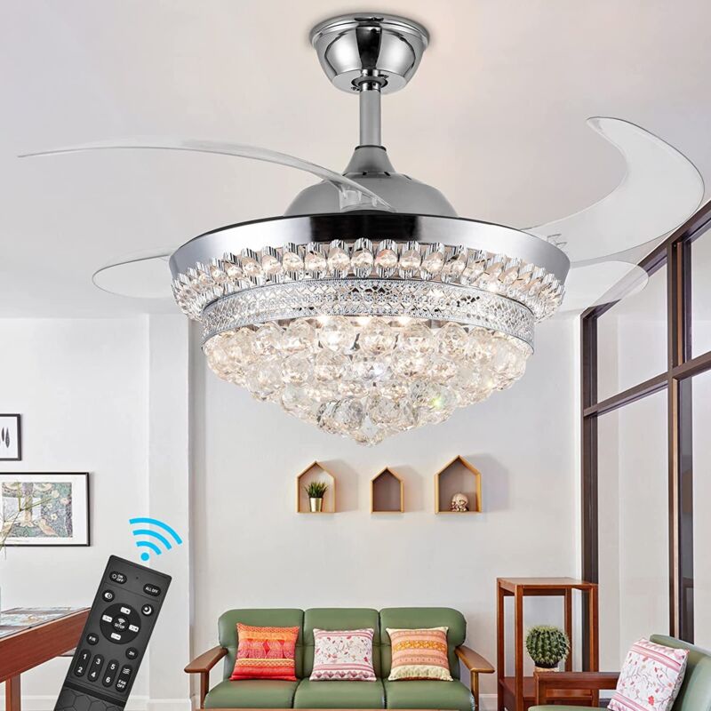 EAYSG 42"Invisible Ceiling Fan Chandelier with Light, Crystal Ceiling