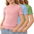 thumbnail image 3 of KyCheLot 3 Pack Ribbed Knit Tops for Girls Crew Neck Solid Color Short Sleeve T-Shirts Trendy Ruffle Trim T-Shirts, 3 of 5