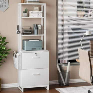 2 Drawer File Cabinet, Filing Cabinet with Lock fits Letter, Legal, A4 Size, File Cabinets for Home Office with Storage Bag, Open Shelf and Hook, White