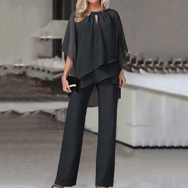 Chaqueta Conjunto de 2 piezas para mujer, parte superior suave de media manga y pantalones, trajes de noche de boda de corte holgado Ygjytge Negro Xxl para Mujer