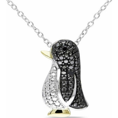 Black Diamond Accent Two-Tone Sterling Silver Penguin Pendant, 18