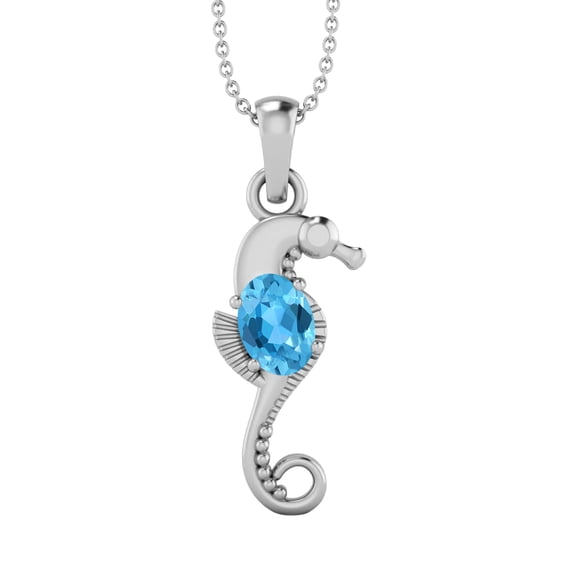 7X5mm Oval Swiss Blue Topaz 925 Silver Seahorse Fish Valentines Day Gifts Pendant Necklace