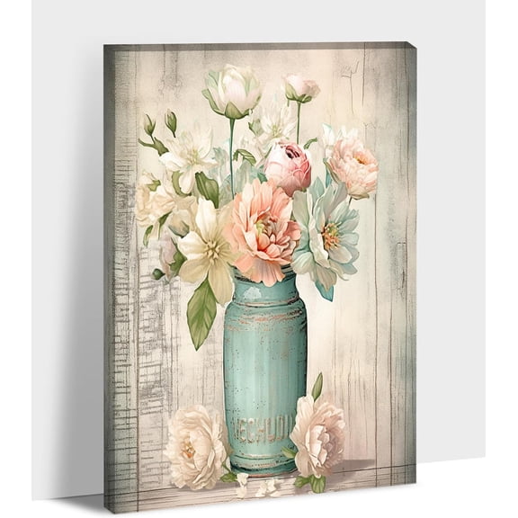 Farmhouse Bathroom Wall Decor Rustic Bathroom Wall Art, Flower Painting Canvas Print Beige Modern Artworks Pictures for Wall, Kitchen Restroom Home Decor
