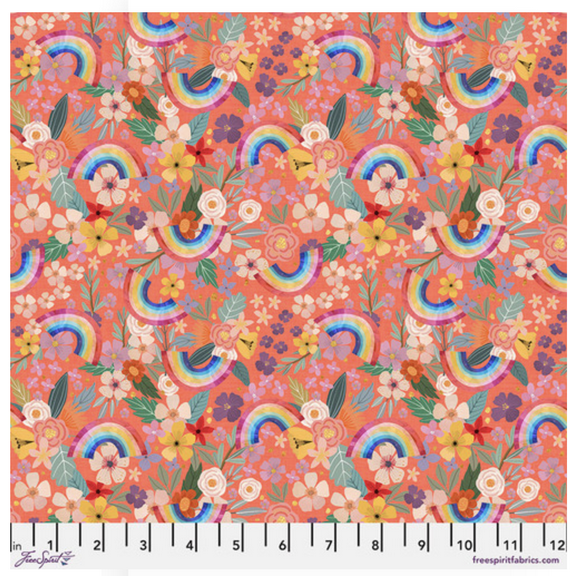 Free Spirit Mia Charro Magic Friends Rainbows & Flowers Coral Cotton Fabric By Yard