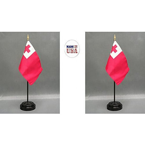 Made in The USA. 2 Tonga Rayon 4"x6" Miniature Office Desk & Little Hand Waving Table Flags Includes 2 Flag Stands & 2 Small Mini Tongan Stick Flags