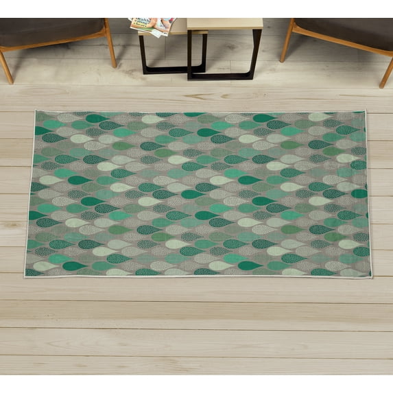 Geometric Decorative Rug, Raindrops Doodle Style Creative Leaf Shaped Colorful Girls Theme, Quality Carpet for Bedroom Dorm and Living Room, 6 Sizes, Jade Green, by Ambesonne