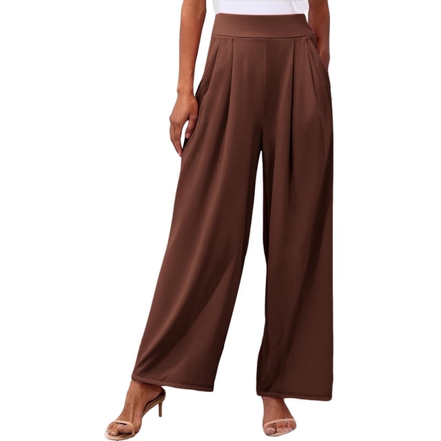 Pantalones palazzo anchos de color liso para mujer: cintura alta con cinturilla elástica, poliéster y spandex, pantalones largos informales con bolsillos laterales.