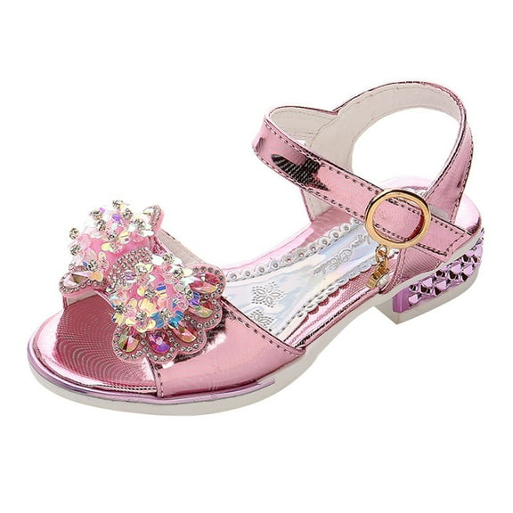 Girls Dress Shoes Low Heel Princess Flats Flower Wedding Party Glitter Shoes for Kids Toddler Girls Sparkle Shoes Fashion Open Toe Sandals