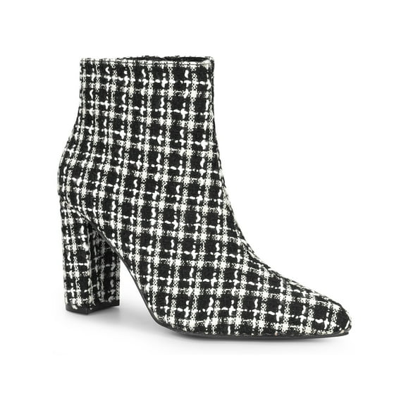 BLISSFUL STEP Pointed Toe Plaid Chunky Heel Ankle Boots for Women